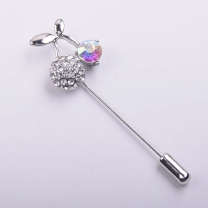 Elegant cherry crystal brooch with white rhinestones and a silver long pin design