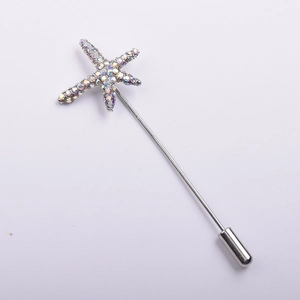 Sparkling rhinestone starfish lapel pin in silver finish for coats and sweaters