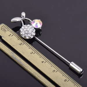 Silver cherry brooch with crystals and iridescent stones, elegant 6.5cm pin design