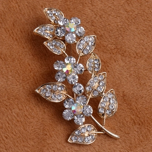 Broche fleur feuille dorée élégante avec strass en cristal brillant pour vêtements