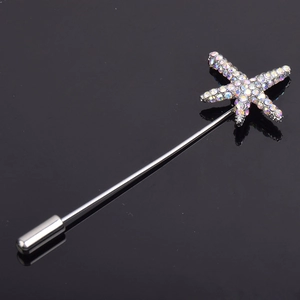 Elegant silver starfish long pin brooch with iridescent AB rhinestones for shawls