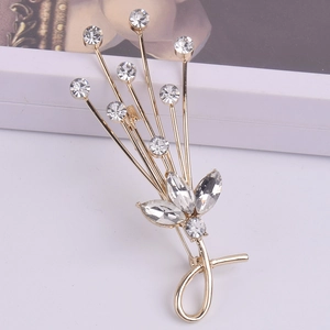 Elegant gold flower bouquet brooch with sparkling crystal rhinestones for women