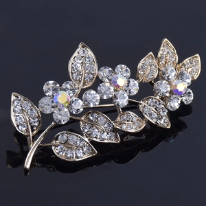 Broche Élégante en Alliage d'Or Fleur Feuille pour Femmes Broche de Luxe Incrustée de Strass pour Costumes Accessoires