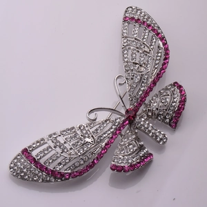 Exquisite butterfly brooch with silver metal base and pink and clear crystal rhinestones