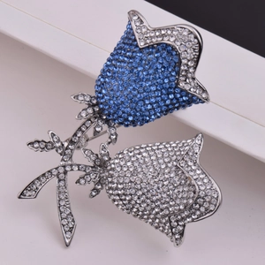 Eleganter Doppel-Tulpen-Brosche mit blau-weißen Kristallen in Silber-Legierung