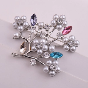 Elegant money tree brooch with multi-colored crystals and pearls on silver alloy base