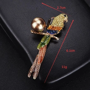Détails de la broche perroquet en cristal avec perle et dimensions de l'accessoire