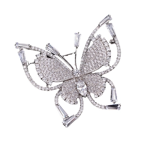 Luxury butterfly brooch with pave cubic zirconia and marquise stones on silver-tone base