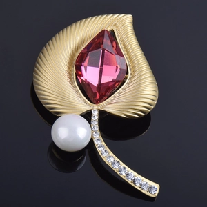 Broche de Hoja de Aleación de Oro Vintage Con Cristal Rojo Strass y Perla Artificial de Imitación para Mujer Joyería Elegante