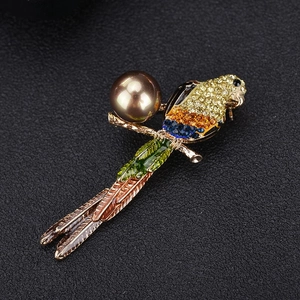 Vue détaillée d'une broche perroquet avec cristaux et perle brune sur fond sombre