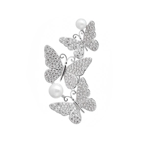 Luxurious silver butterfly brooch with sparkling zircon crystals and elegant white pearls