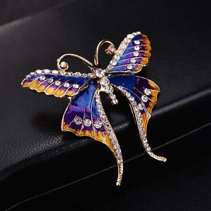 Spilla a farfalla vintage elegante con smalto blu e strass su base nera