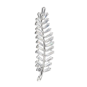 Elegant silver feather brooch featuring baguette-cut zircon stones and polished finish