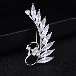 Elegant silver swan brooch with marquise cut AAA zircon wing feathers on black stand