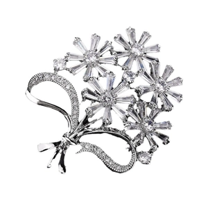 Elegant silver flower bouquet brooch with cubic zirconia and ribbon bow detail