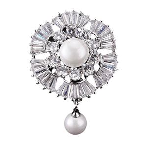 Eleganter Sonnenblumen-Brosche aus Silber mit Zirkonia-Blütenblatt und Perlenanhänger