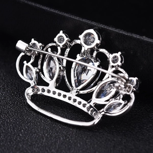 Elegant crown brooch pin in silver alloy with AAA zircon seen from back view