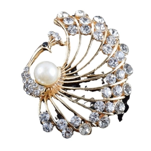 Elegant gold peacock brooch with white faux pearl and sparkling rhinestones for blazers