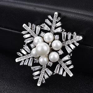 Elegant silver snowflake brooch featuring central pearl and sparkling zircon crystals for women