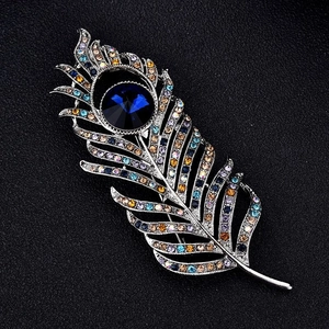 Exquisite peacock feather brooch with multicolor crystals and deep blue center stone