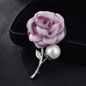 Elegant lavender fabric rose brooch with white pearl and silver stem for women