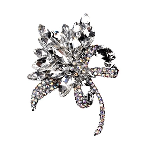 Broche fleurie en cristal élégante avec pierres marquises et strass colorés sur base argent
