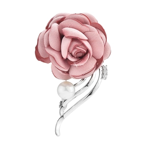 Pink fabric rose brooch with imitation pearl and crystal pin for women clothing
