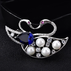Elegant Copper Double Swan Brooch Pin For Women With Deep Blue Pear Gemstone White Imitation Artificial Pearls Rhinestones Fashion Jewelry