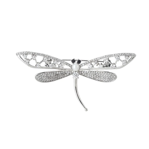 Luxurious dragonfly brooch in silver finish with sparkling zircons and a white pearl