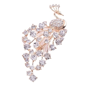 Elegant peacock brooch pin in gold-tone alloy with sparkling crystal rhinestone inlay