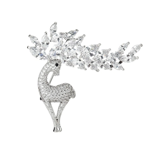 Elegant deer brooch with cubic zirconia crystals and silver finish on white background