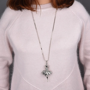 Elegant silver ballet dancer pendant sweater necklace with sparkling rhinestones for women