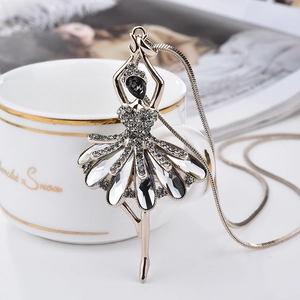 Elegant ballet dancer long sweater necklace with crystals and silver snake chain