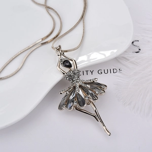 Elegant rose gold ballerina pendant long necklace with grey crystals on snake chain