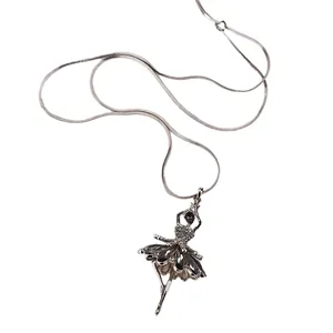 Elegant long ballet dancer necklace with silver snake chain and dark crystal pendant