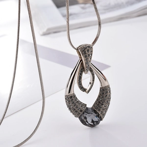 Minimalist silver long necklace with teardrop pendant and grey gemstone on snake chain