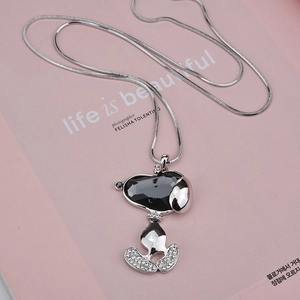 Elegant long Snoopy pendant necklace with black gemstone and zircons on silver snake chain