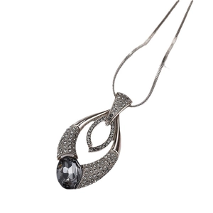 Minimalist grey pear-cut crystal pendant necklace with gunmetal snake chain for women
