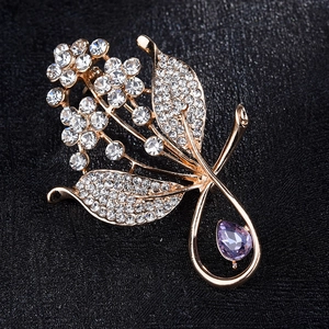 Elegant Gold Alloy Flower Leaf Brooch For Women With Purple Waterdrop Rhinestone Pave White Crystal Fashion Jewelry Gift
