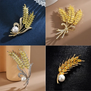 Elegant Wheat Stalk Brooch Pin For Women Yellow Zircon White Artificial Pearl Gold Silver Plated Alloy Fashion Clothing Accessory