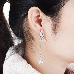 Boucles d'oreilles papillon en argent S925 avec pampille en cristal et perle nacrée