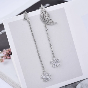 Boucles d'oreilles asymétriques papillon argent S925 avec pampilles et gouttes zircon