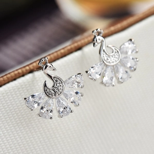 Elegant s925 silver peacock stud earrings with sparkling pavé zircon crystals