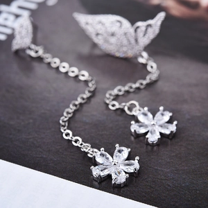 Boucles d'oreilles pendantes asymétriques papillon et fleur en argent S925 avec zircons