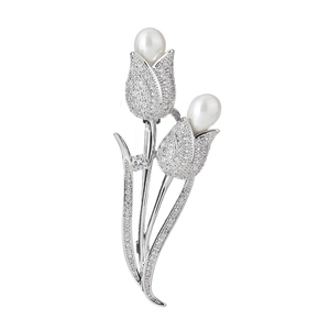 Elegant tulip flower brooch with micro-set zircons and twin white pearls in silver finish