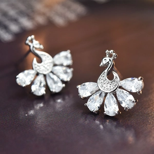 Elegant peacock stud earrings with pear-cut cubic zirconia in silver-tone finish