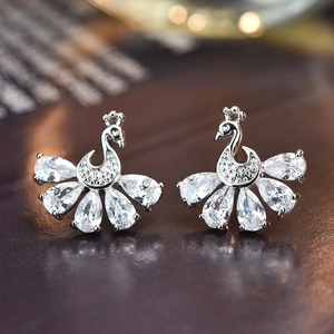 Peacock Zirconia Stud Earrings With 925 Sterling Silver Post Shiny Crystal Animal Earrings Jewelry For Women Party