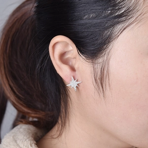 Star-shaped S925 silver stud earrings with sparkling cubic zirconia on a female model