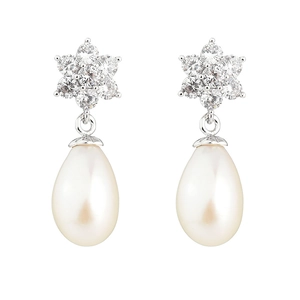 Elegant water drop pearl earrings with star cubic zirconia cluster in silver finish