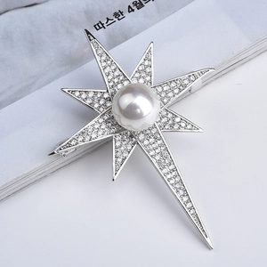 Elegant Star Brooch For Women Copper Silver Plated With Large Artificial Pearl Center And Zircon North Star Jewelry Gift For Party